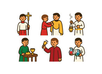 Cartoon illustrations of boys in liturgical roles with religious symbols