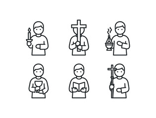 Simple religious symbols: line art of people with crosses, candles, incense, and books