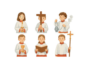 Children as church altar servers with liturgical items in hand