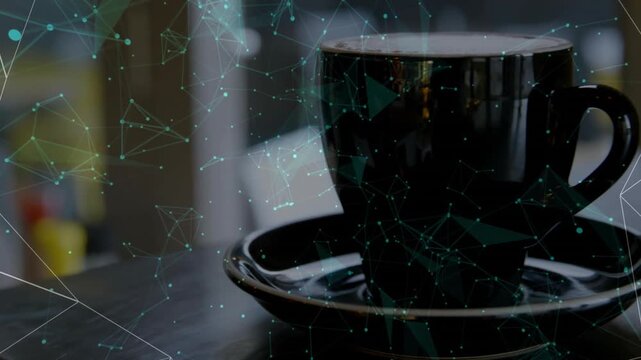 Digital polygonal network overlay shifting, fragmenting to reveal black coffee cup for product demo