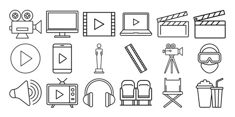 Collection of movie and entertainment icons isolated on white background