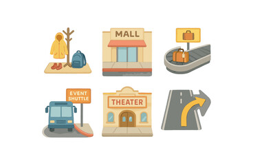 Shopping mall icons: shuttle, mall, theater, traveler items, directions