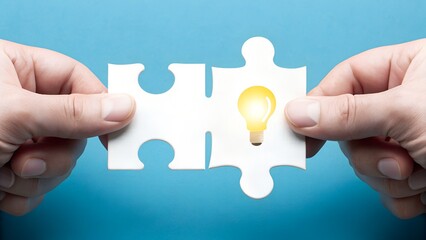 Obraz premium Puzzle Pieces with Light Bulb. Innovative Solution and Idea Concept