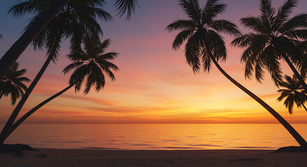 Beautiful sunset beach. Palm trees on sandy beach the sea