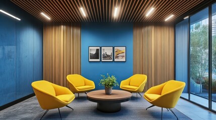 Modern waiting area with vibrant yellow chairs and blue walls