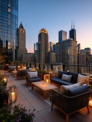 Obraz premium Rooftop patio at twilight with city views