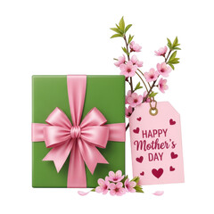 Mothers day gift with flowers and tag isolated on transparent background