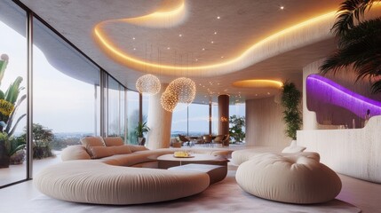 Modern, opulent living area with panoramic views