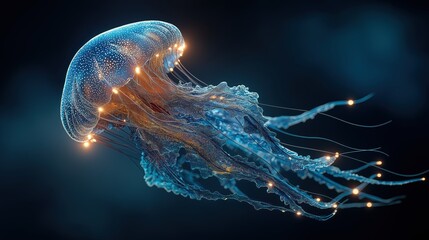 Stunning glowing jellyfish in deep blue ocean, captured with macro lens and teal lighting. Bioluminescent marine life, elegant and otherworldly underwater scene