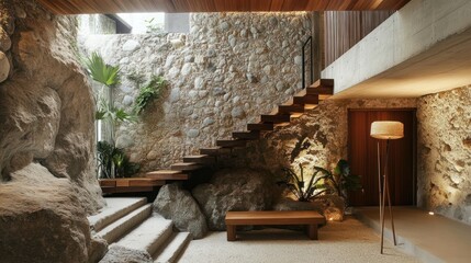 Modern interior with exposed stone walls and wooden features