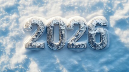 Numbers "2026" covered with snow on winter background. Minimalistic concept of New Year or winter holiday with frosty texture and cold atmosphere.
