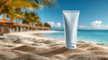 White cosmetic tube standing on sandy beach with ocean splash. Summer skincare or sunscreen product mockup with tropical seaside background