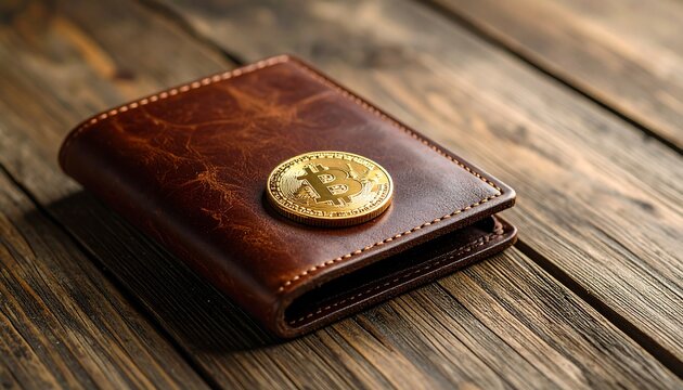 Brown leather wallet with bitcoin coin
