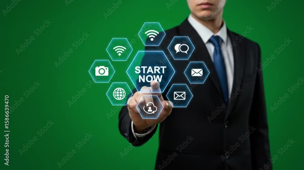 Poster a man in a suit pointing at a digital interface with icons on a green screen background in studio sh