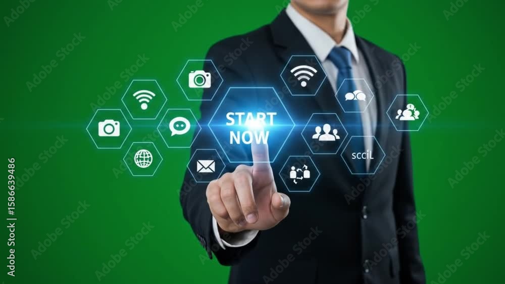 Poster man in suit touching a digital start now button surrounded by various technology related icons on gr