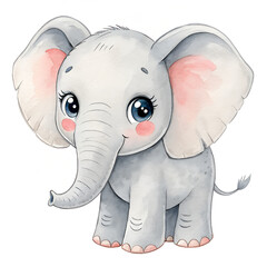 Fototapeta premium Watercolor baby elephant with soft gray washes and subtle pink cheeks, isolated on white background. 