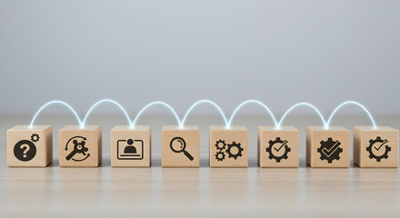 Business process and workflow concept with wooden blocks and icons
