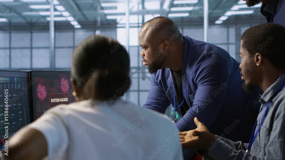Poster cybersecurity specialists in server room trying to protect equipment from hacker stealing data. prog