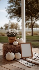 Cozy fall porch decor with white pumpkins, flowers in wooden bucket, hay bale, plaid blanket and empty frame. Autumn rustic farmhouse scene