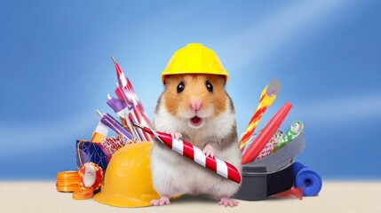 Greeting card for happy labor day with funny hamster and builder's supplies. labor day banners. Ultra realistic. Photorealistic