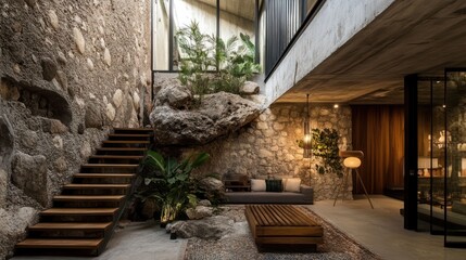 Modern interior with stone walls and wooden features