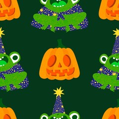 Halloween animals cartoon seamless frogs monsters pattern for wrapping and kids clothes print and party accessories