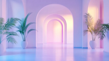 Pastel archway hallway with tropical plants