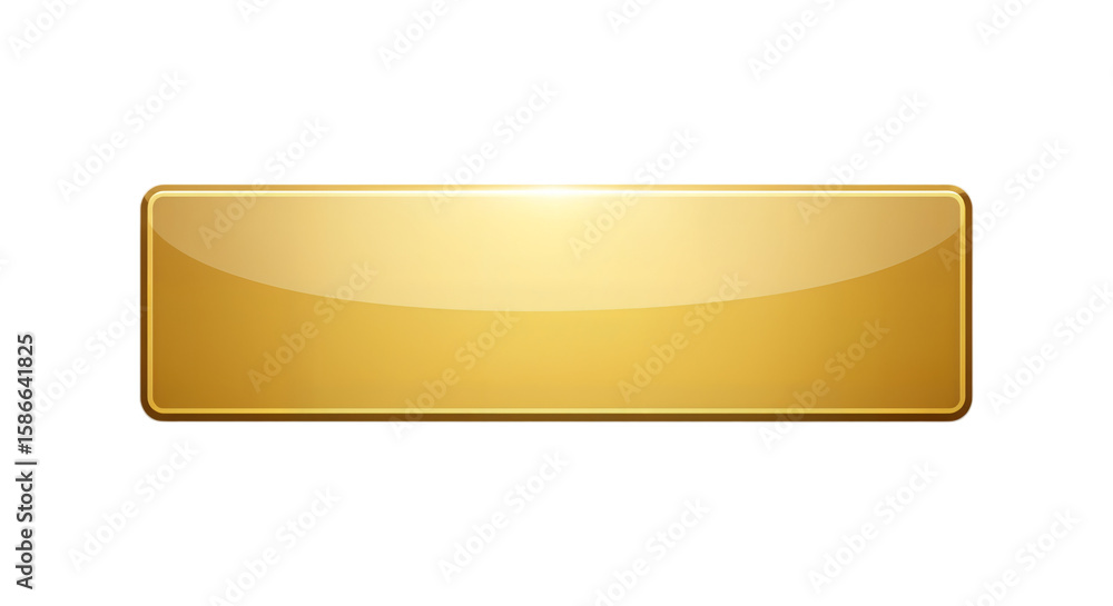 Poster rectangular gold button with glossy finish on transparent background.