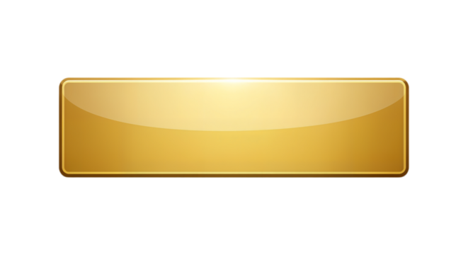 Rectangular gold button with glossy finish on transparent background.