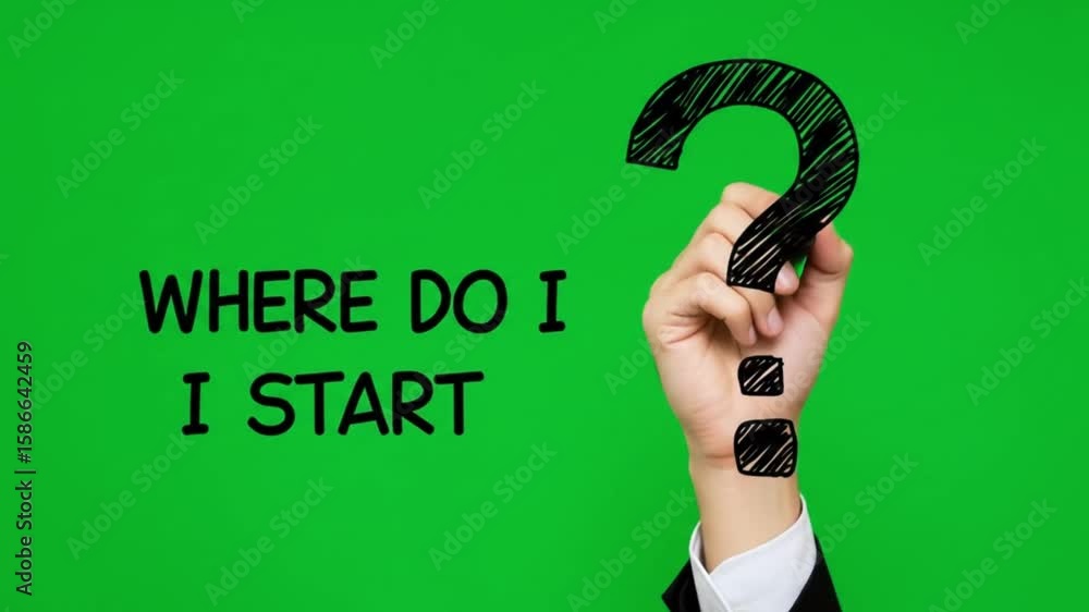 Poster a hand drawing a question mark on a green background with the text where do i start written beside i