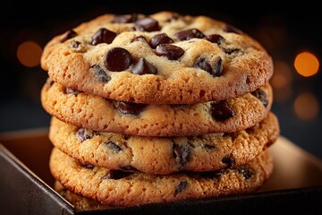 Stack of freshly baked chocolate chip cookies in a rustic box. Delicious homemade dessert, crispy outside and soft inside. Perfect for bakery or food ads