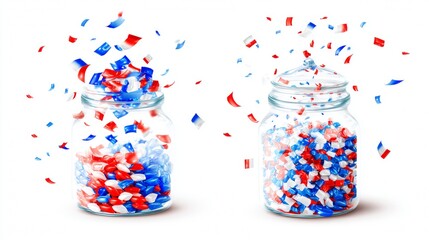 Patriotism, independence day usa, russia, france, serbia, confetti and candy white-blue-red in a glass jar on a white background, isolate. labor day banners. Ultra realistic. Photorealistic