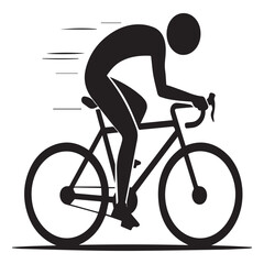Obraz premium Stylized black silhouette of a cyclist in a racing position on a road bike with motion lines indicating speed on a white background
