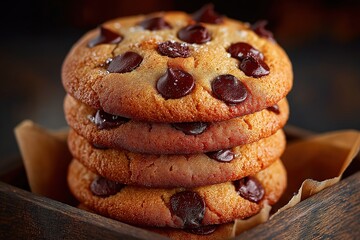 Stack of freshly baked chocolate chip cookies in a rustic box. Delicious homemade dessert, crispy outside and soft inside. Perfect for bakery or food ads
