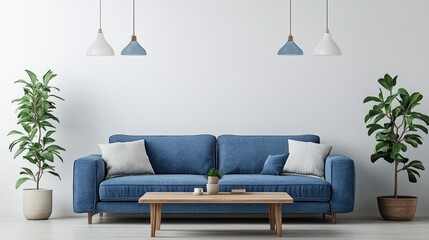 Modern living room with blue couch