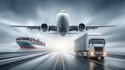 Modern logistics concept with cargo airplane, container ship, and freight truck moving fast toward camera, symbolizing global shipping and transportation