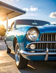 Close-up of vintage blue muscle car under warm sunlight at gas station