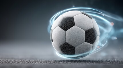 Dynamic 3D soccer ball with digital motion trails and glowing energy effect on dark background, symbolizing speed, power, and modern sports technology