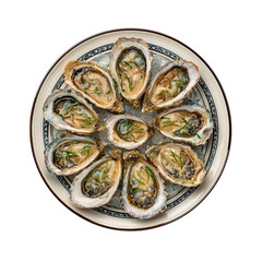 Cooked oysters delicacy dish top view isolated on transparent background, clip art