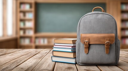 Back-to-school concept with backpack and stacked books on wooden desk in front of chalkboard and bookshelves in a cozy classroom setting