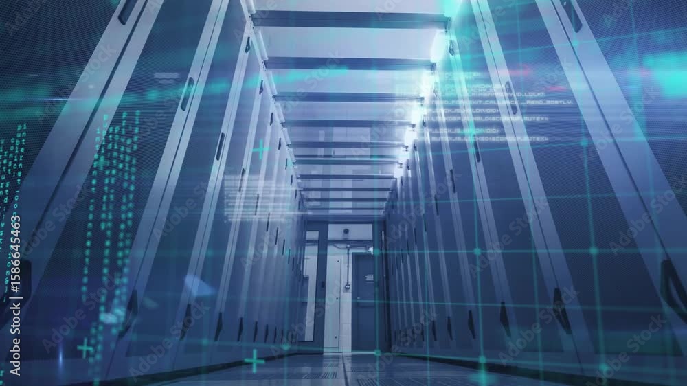Poster leds initiating turquoise grid sweeping server corridor for diagnostics with streaming code pulses