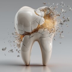 scene of cracked and exploding tooth with golden decay symbolizing dental damage, pain or tooth extraction concept isolated on grey background.