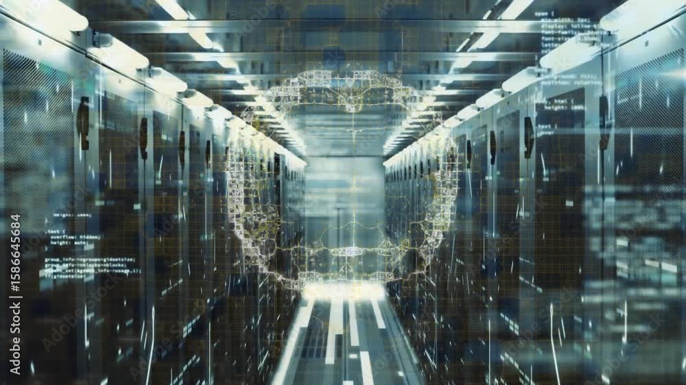 Poster system initializing causing code streams floating over racks and forming network hologram for scan