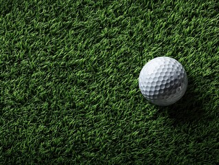Top-down view of a clean white golf ball resting on vibrant green grass, casting a soft shadow on a sunny day