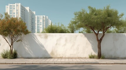 Urban street scene with a clean white concrete wall, tall trees casting shadows, and modern apartment buildings in the background on a sunny day