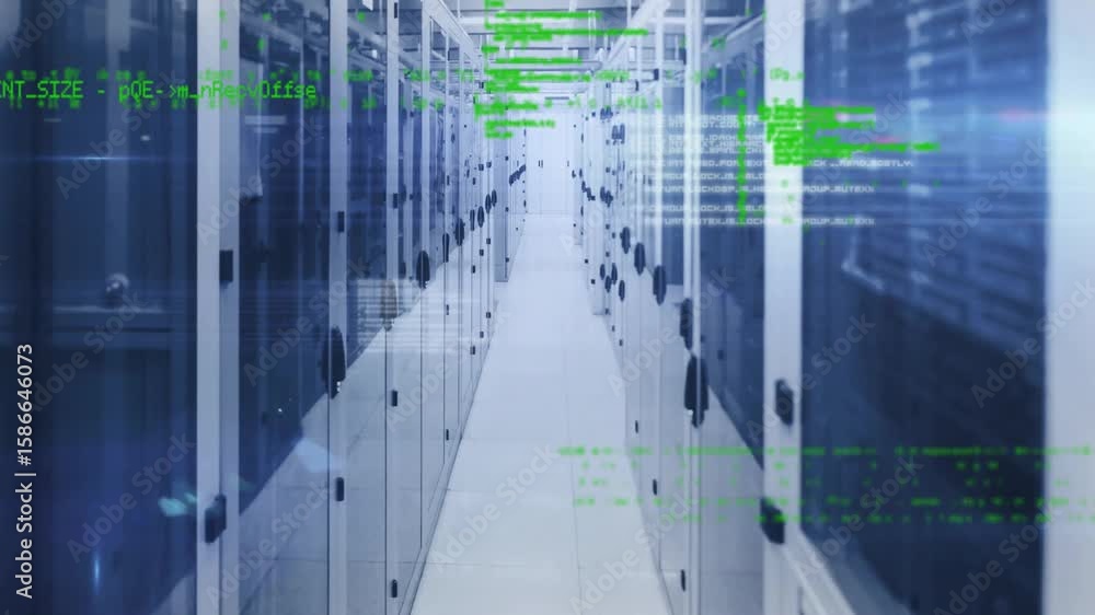 Poster on system scan start, server cabinets streaming green code downward for data visualization