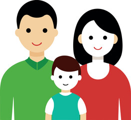 Cartoon Family Portrait with Parents and Child in Colorful Outfits