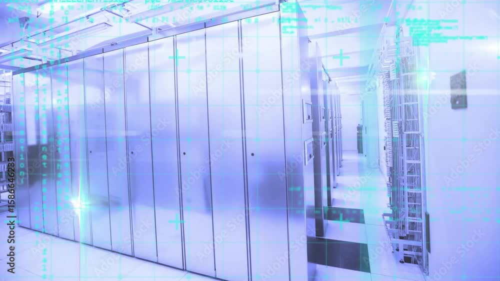 Poster at third second cabinets displaying turquoise grid lines scrolling code showing data flow