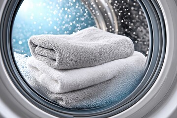 Freshly laundered white and gray towels inside a washing machine with bubbles and sparkling clean effect, viewed from the door