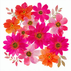 Bouquet of beautiful flowers painted with bright pink paint isolated on a white background